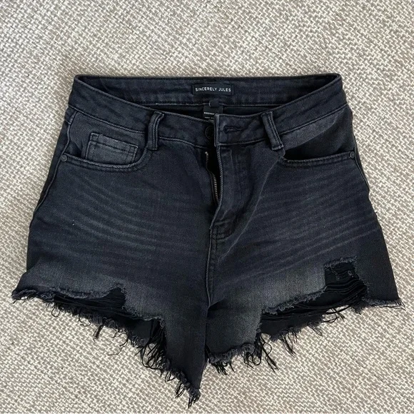 Sincerely Jules Black Distressed Denim Shorts - Picture 1 of 6